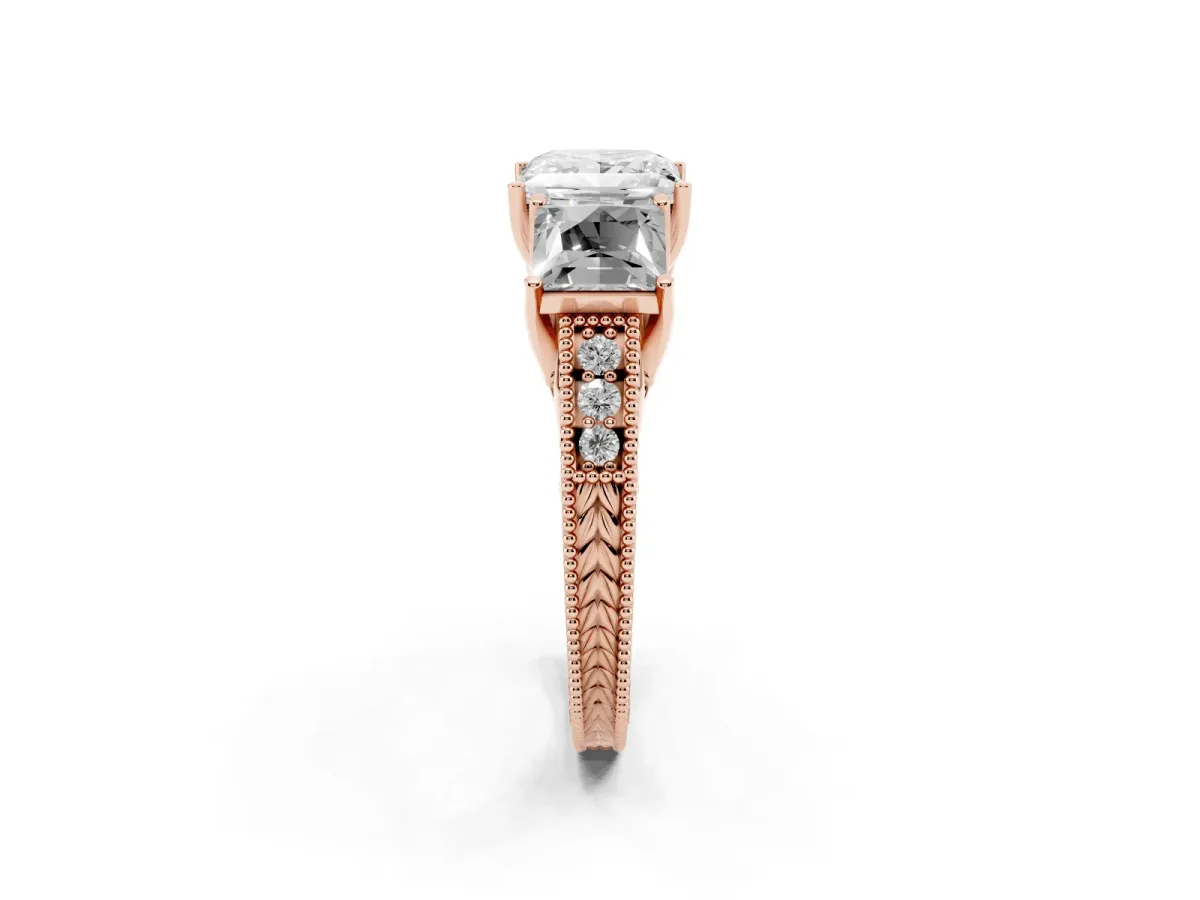 Three-Stone Princess Cut Cut Milgrain Pavé Engagement Ring Rose gold