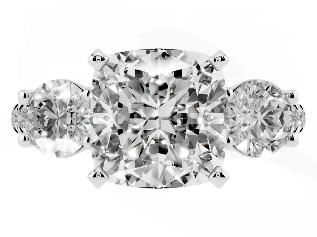 Three-Stone Cushion Cut Diamond Pavé Band with Four-Prong Setting Silver