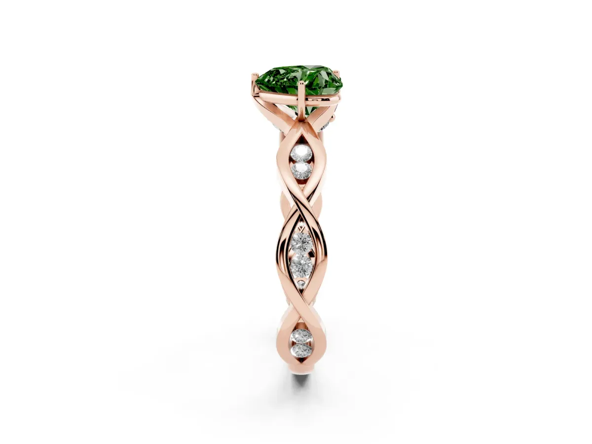 Fancy Green Heart Cut Solitaire Twist Band with Leaf Prong Setting Rose gold