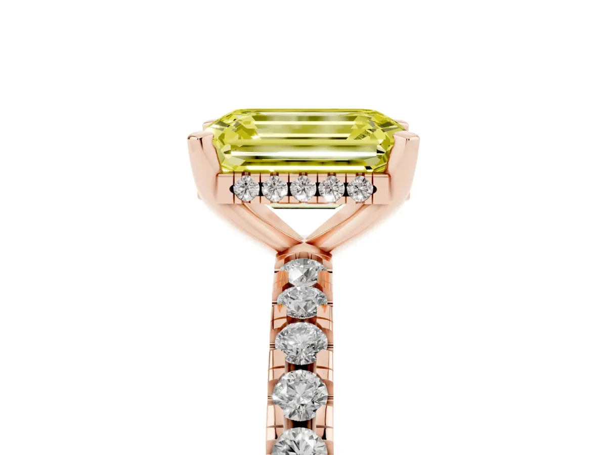 Fancy Yellow Emerald Cut Diamond Solitaire Ring with Round Pavé Band and Four-Prong Setting Rose gold