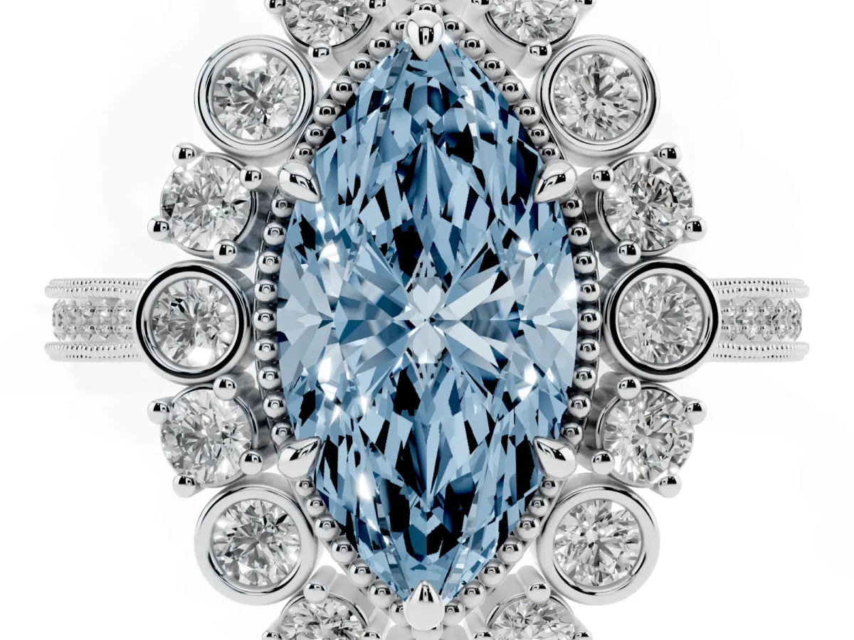 Fancy Blue Marquise Cut Halo Milgrain Pave Diamond Ring with Four-Prong Setting White gold