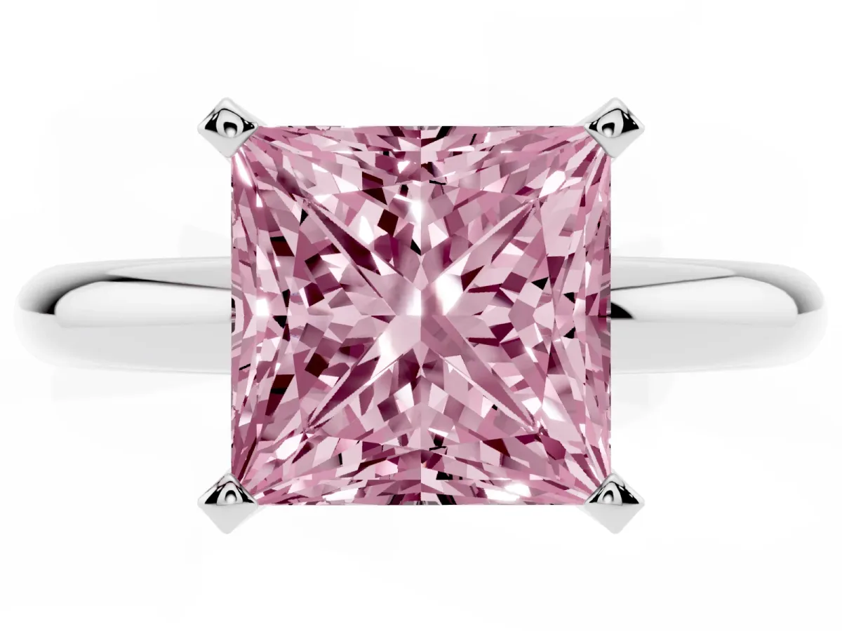 Fancy Pink Princess Cut Diamond Solitaire Engagement Ring with Round Band and Four-Prong Setting Silver