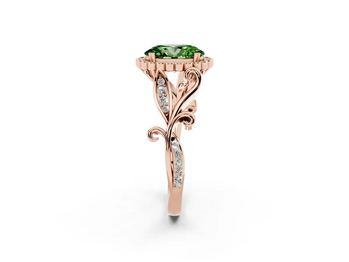 Fancy Green Oval Cut Diamond Halo Ring with Vintage Split Shank and Four-Prong Setting Rose gold