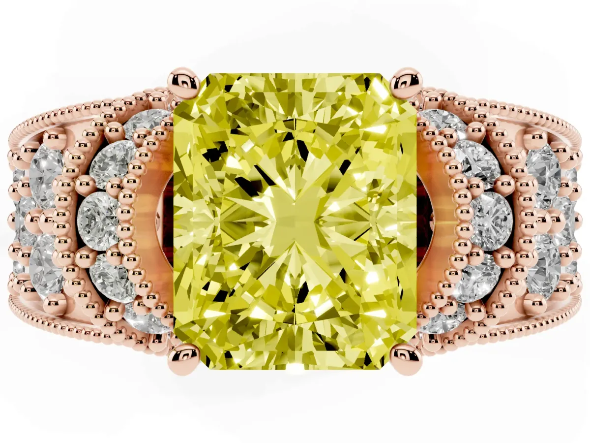 Fancy Yellow Radiant Cut Halo Pave Diamond Engagement Ring with Milgrain Detailing Rose gold