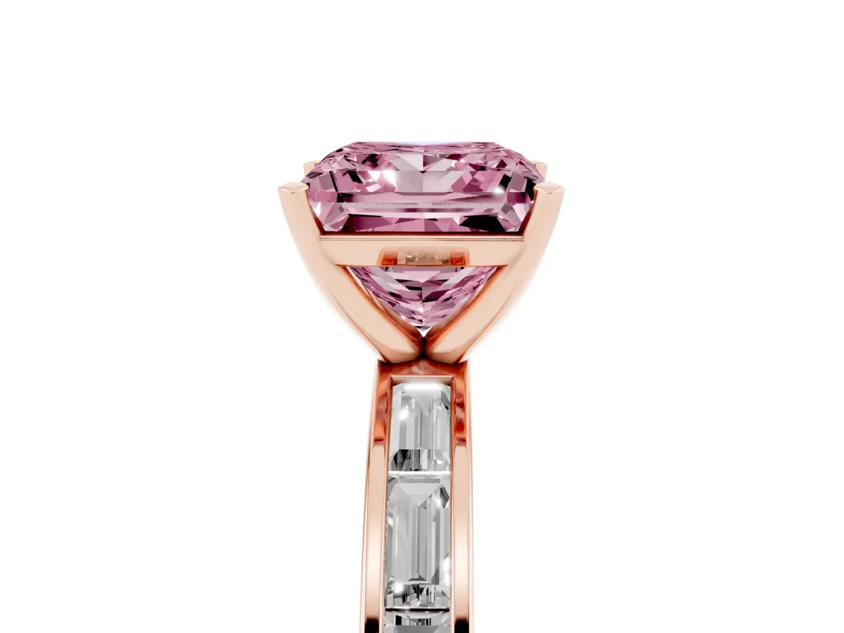 Fancy Pink Princess Cut Solitaire Diamond Ring with Channel-Set Baguette Band and Four-Prong Setting Rose gold
