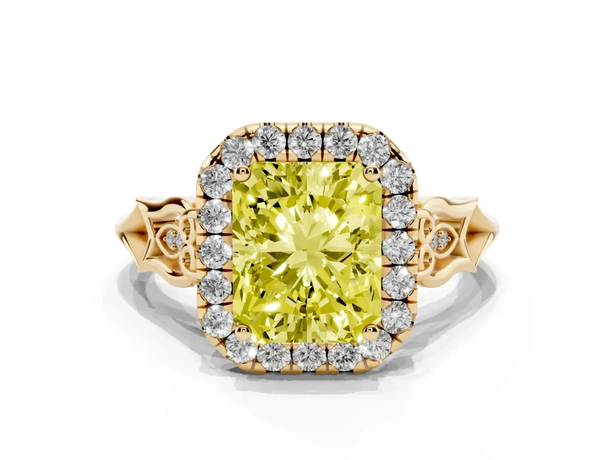 Fancy Yellow Radiant Cut Halo Diamond Engagement Ring with Filigree Band and Four-Prong Setting Yellow gold