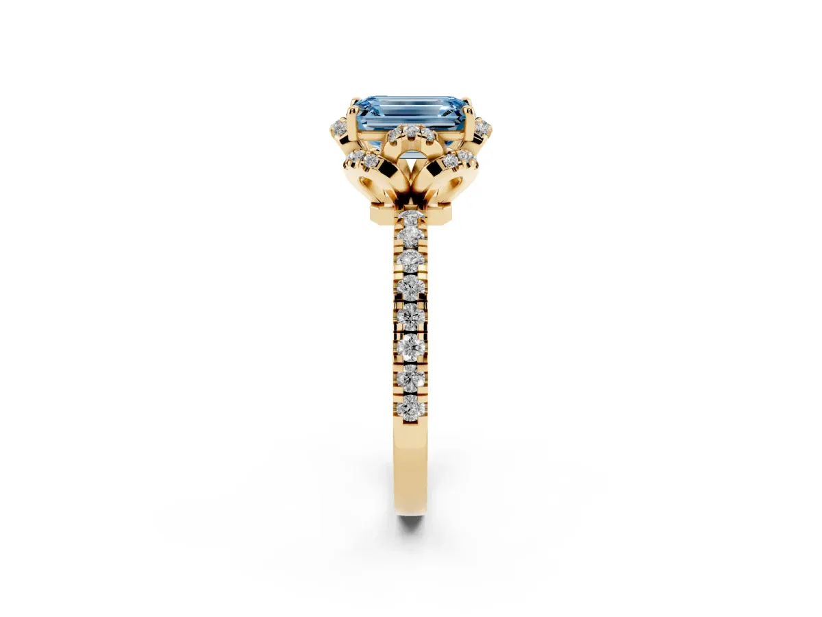 Fancy Blue Emerald Cut Halo Diamond Pave Band Ring with Four-Prong Setting Yellow gold