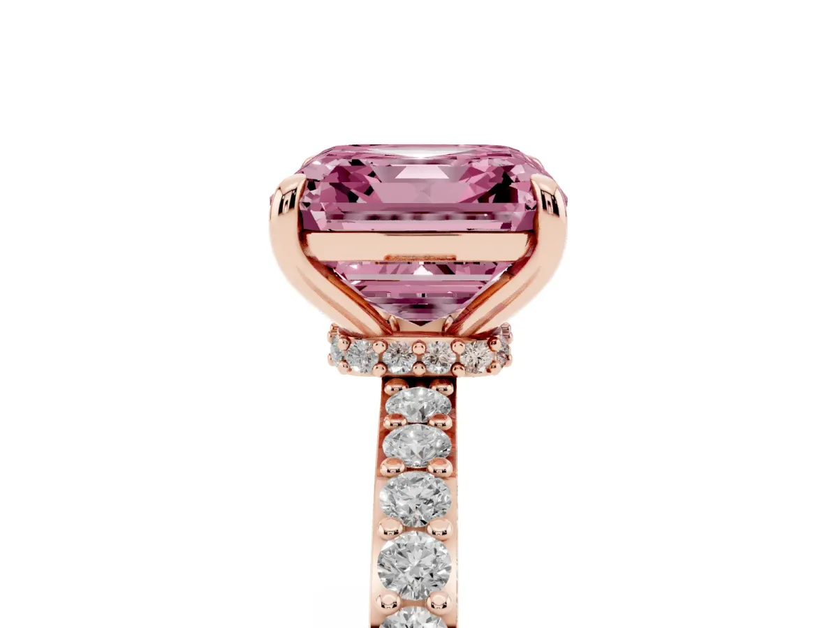 Fancy Pink Asscher Cut Diamond Solitaire Engagement Ring with Pavé Band and Four-Prong Setting Rose gold