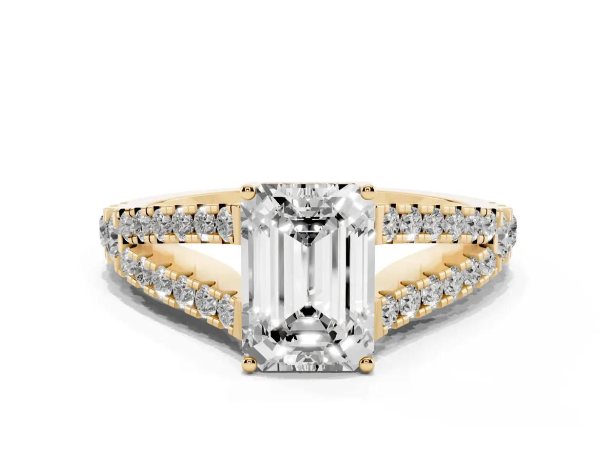 Emerald Cut Diamond Split Shank Pavé Engagement Ring with Four-Prong Setting Yellow gold