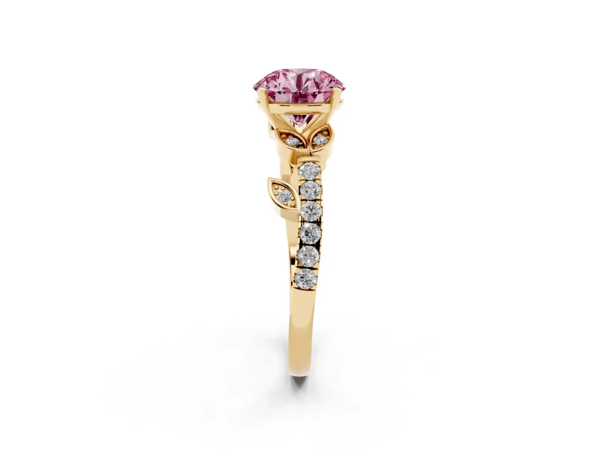 Fancy Pink Round Cut Solitaire Leaf-Inspired Diamond Ring with Pavé Band and Four-Prong Setting Yellow gold