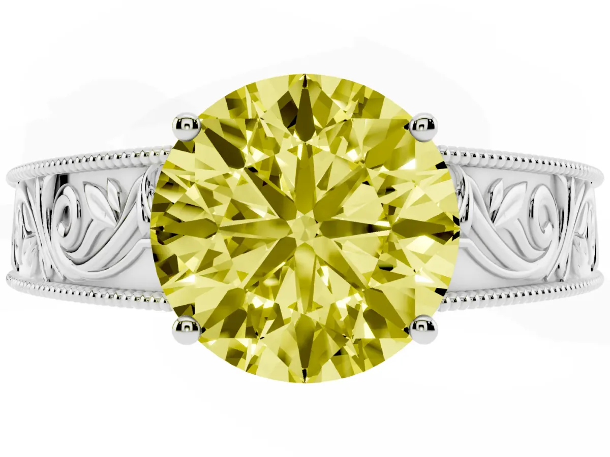 Fancy Yellow Round Cut Diamond Solitaire Ring with Engraved Band and Four-Prong Setting White gold
