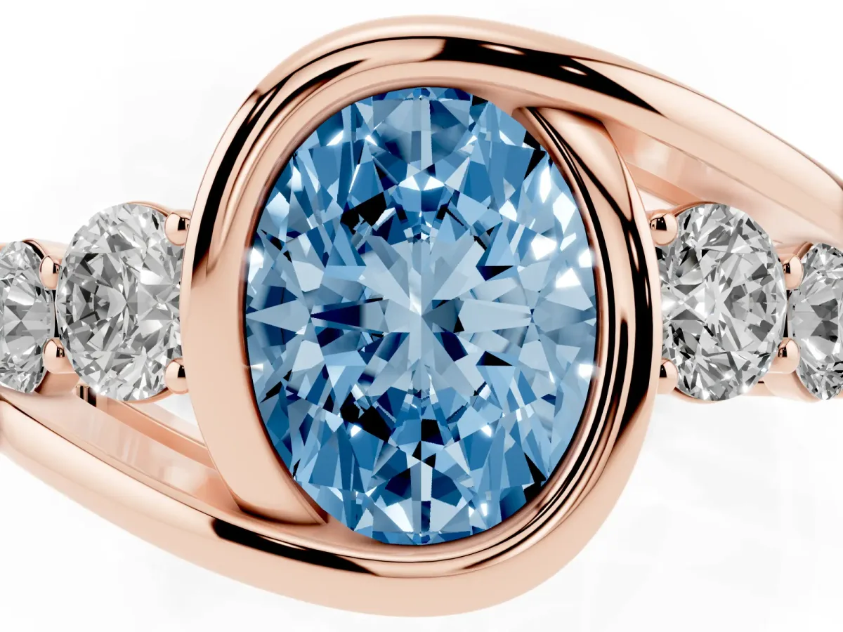 Fancy Blue Bezel Set Oval Cut Diamond Bypass Ring with Round Accents Rose gold
