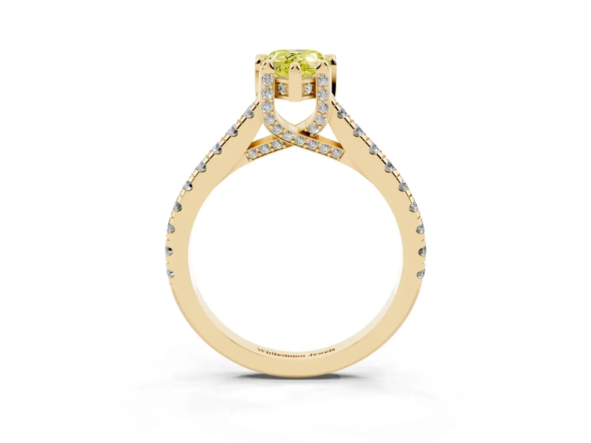 Fancy Yellow Pear Cut Brilliant Diamond Solitaire with Pavé Band and Four-Prong Setting Yellow gold