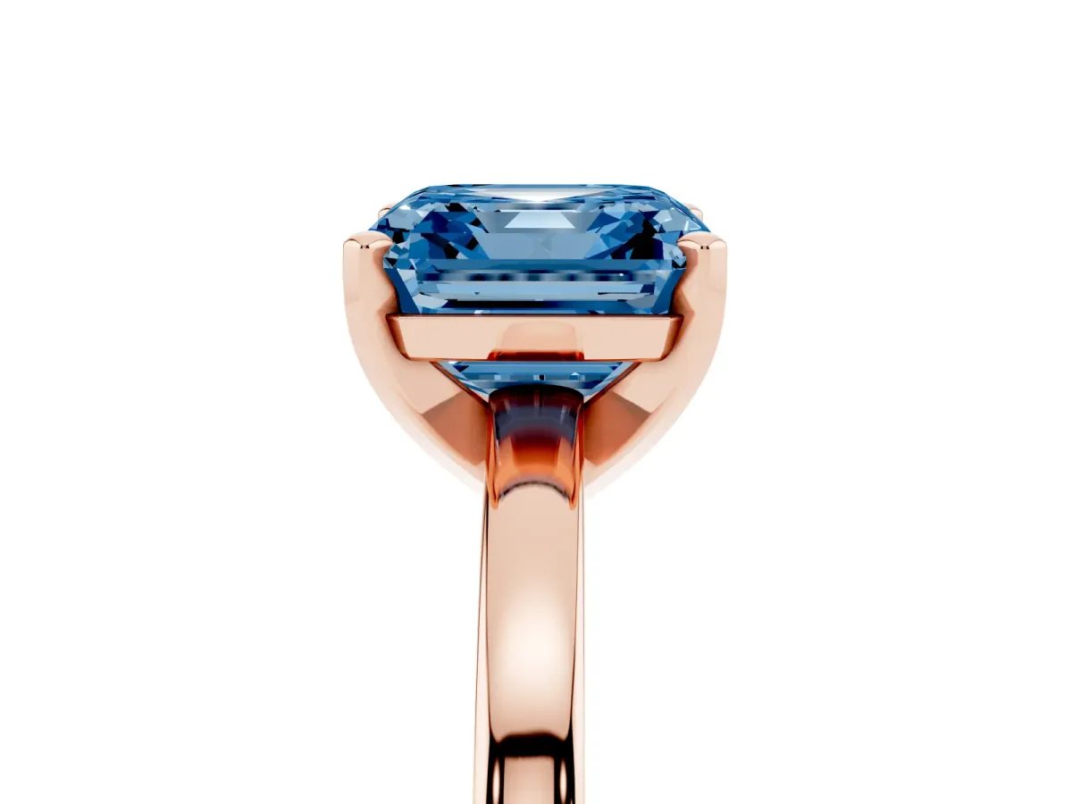 Fancy Blue Asscher Cut Solitaire Diamond Engagement Ring with Four-Prong Setting on a Classic Band Rose gold