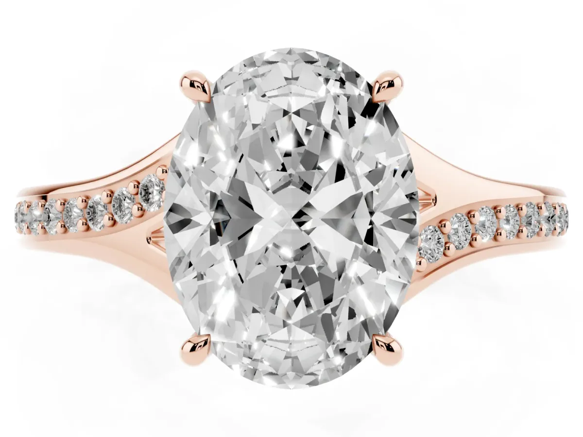 Oval Cut Diamond Solitaire Ring with Pavé Band and Prong Setting Rose gold