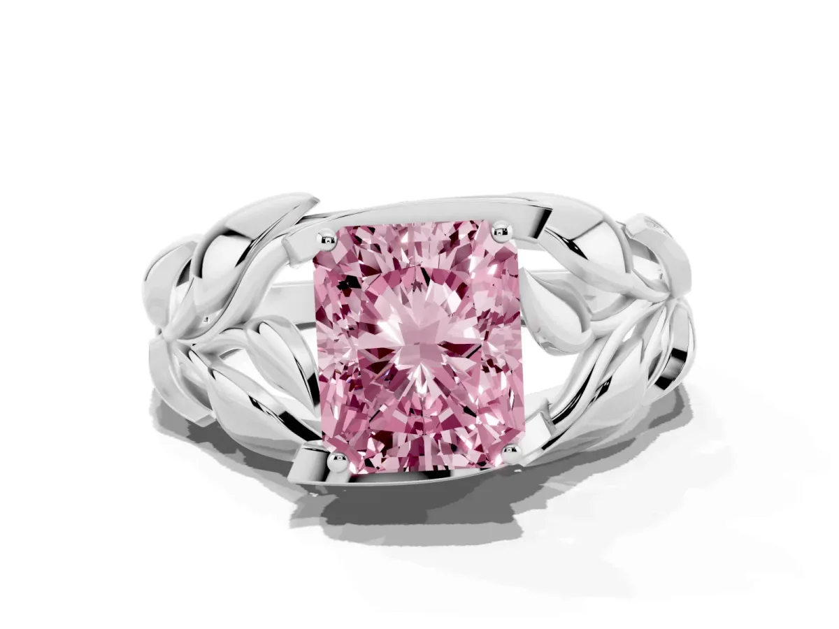 Fancy Pink Radiant Cut Diamond Leaf-Inspired Engagement Ring with Round Accents and Prong Setting Silver