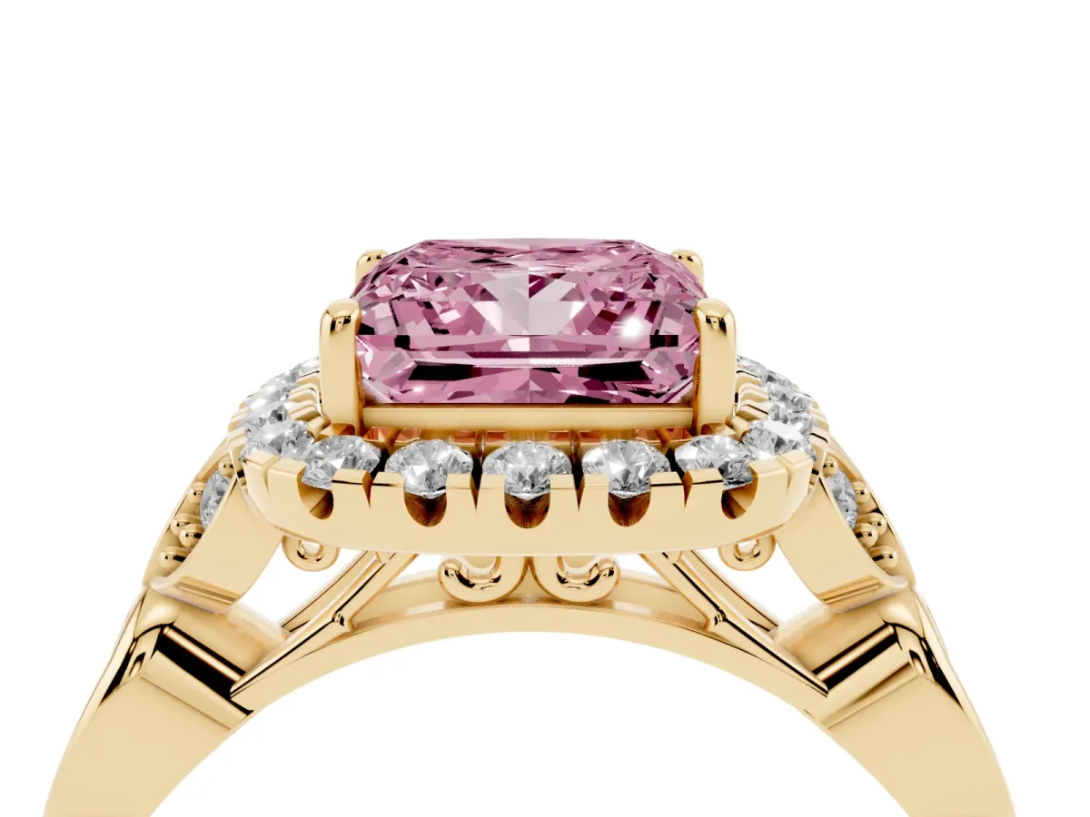 Fancy Pink Princess Cut Halo Diamond Engagement Ring with Vintage-Inspired Band and Four-Prong Setting Yellow gold