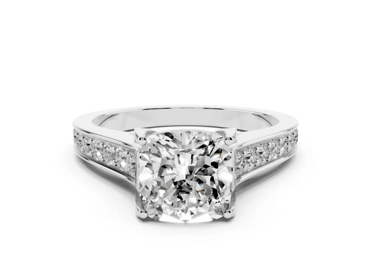 Cushion Cut Brilliant Cut Diamond Engagement Ring with Pavé Band and Four-Prong Setting Silver