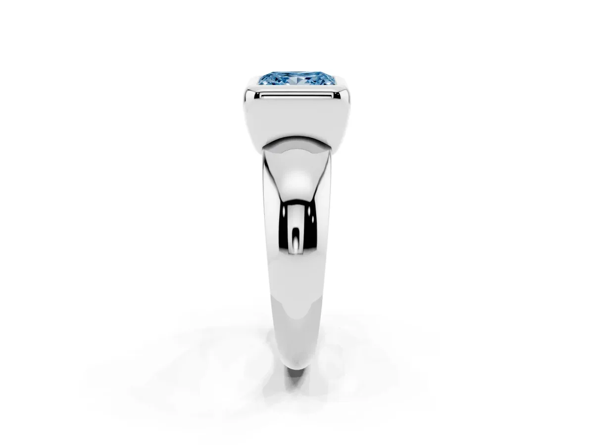 Fancy Blue Bezel Set Princess Cut Solitaire Ring with Wide Band Silver