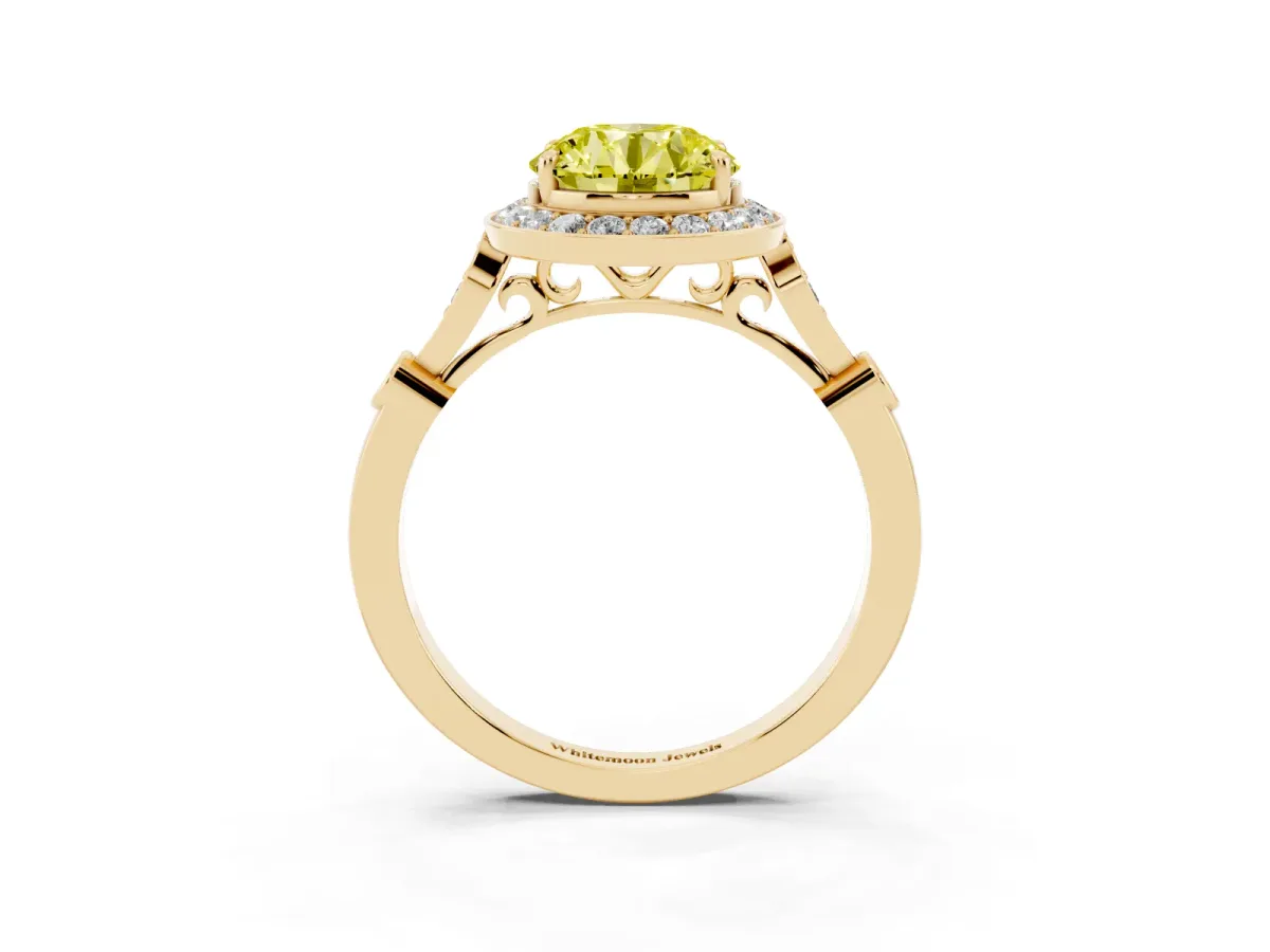 Fancy Yellow Round Cut Halo Diamond Engagement Ring with Twisted Band and Four-Prong Setting Yellow gold
