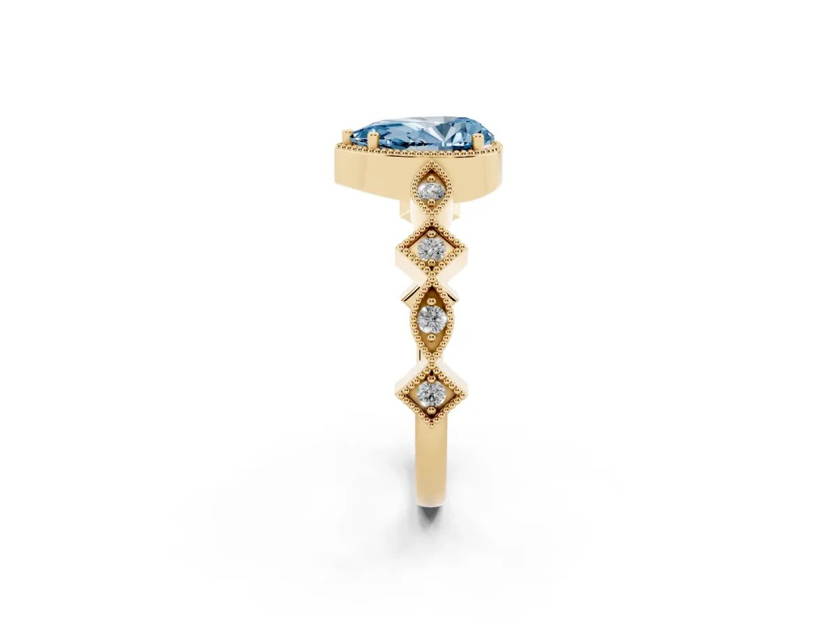 Fancy Blue Pear Cut Milgrain Marquise Diamond Twist Band Ring Yellow gold