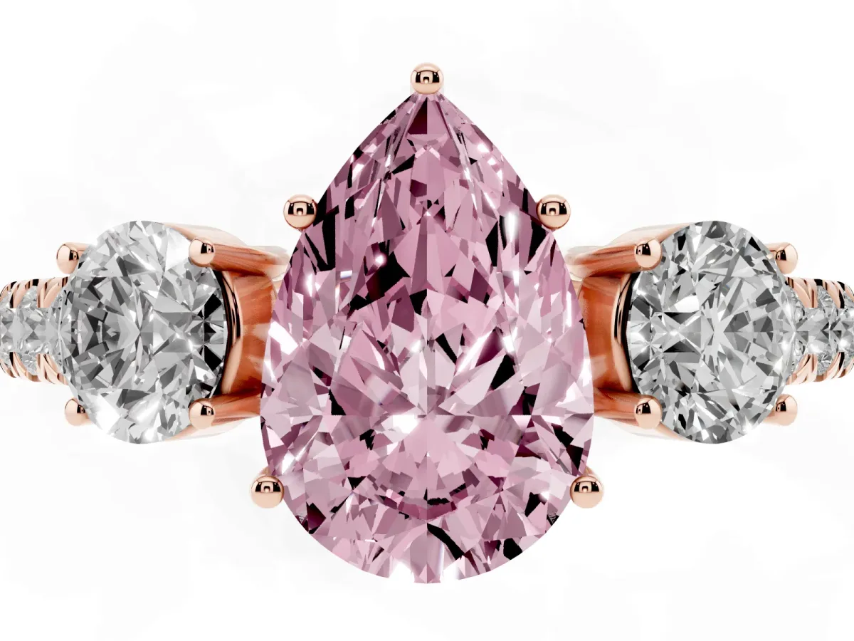 Fancy Pink Pear Cut Cut Diamond Three-Stone Ring with Round Side Stones and Pavé Band Rose gold