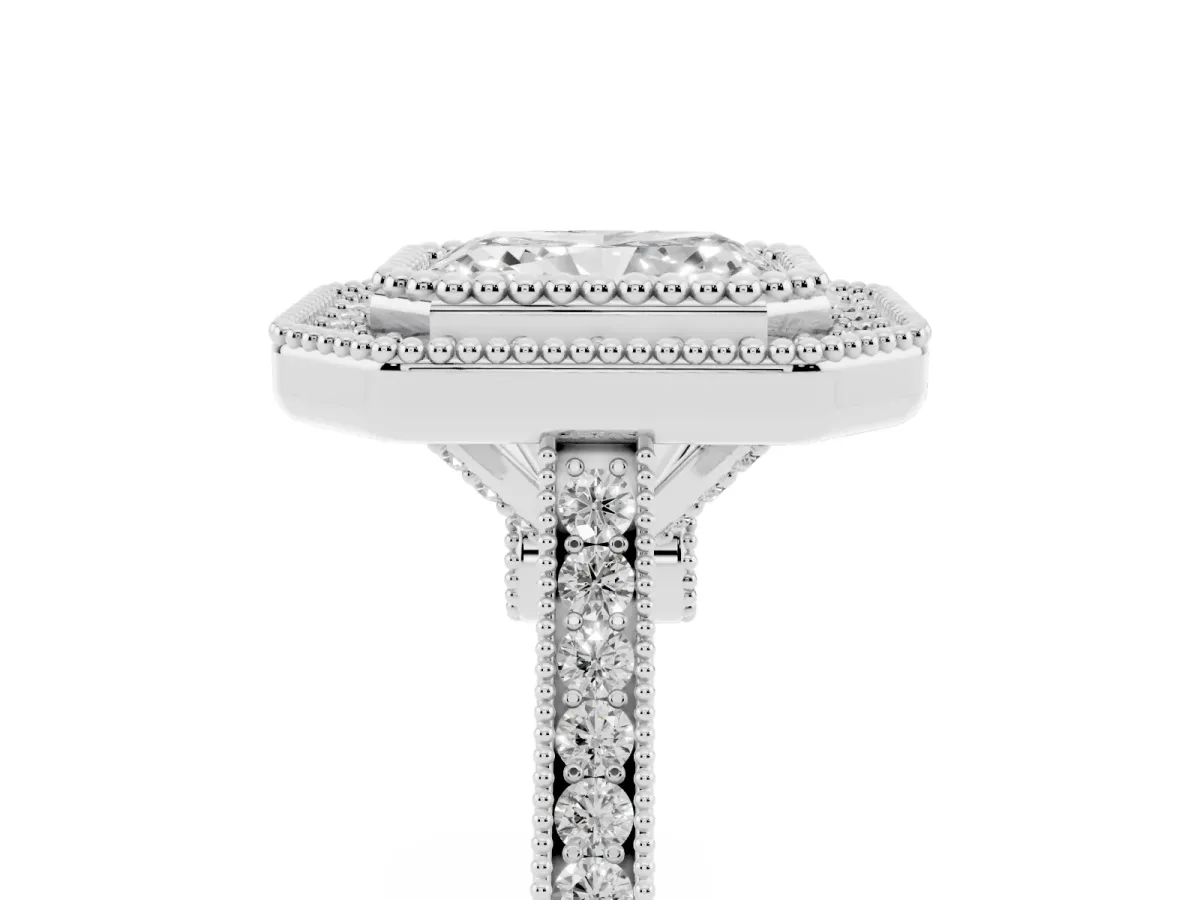 Radiant Cut Diamond Halo Ring with Milgrain Frame and Pavé Band Silver