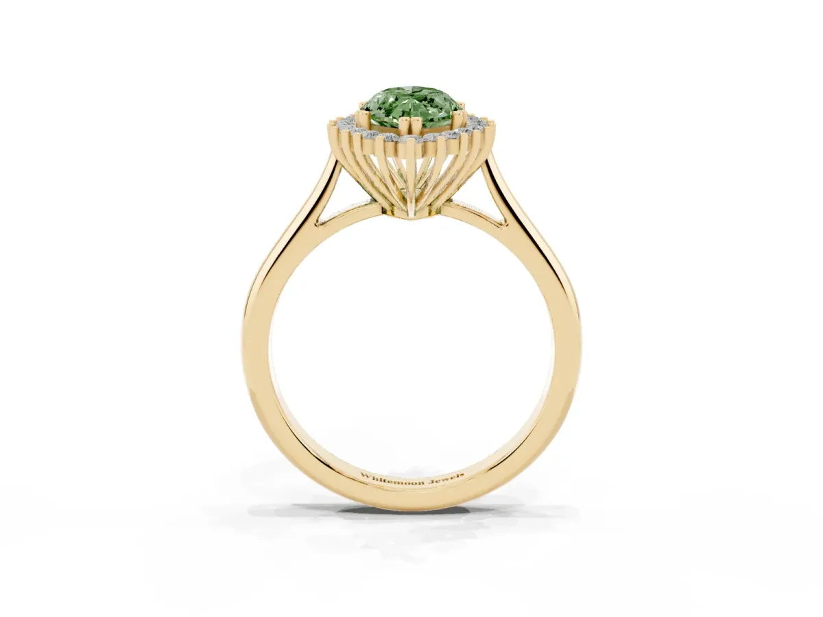 Fancy Green Marquise Cut Cut Diamond Halo Ring with Solitaire Band and Prong Setting Yellow gold