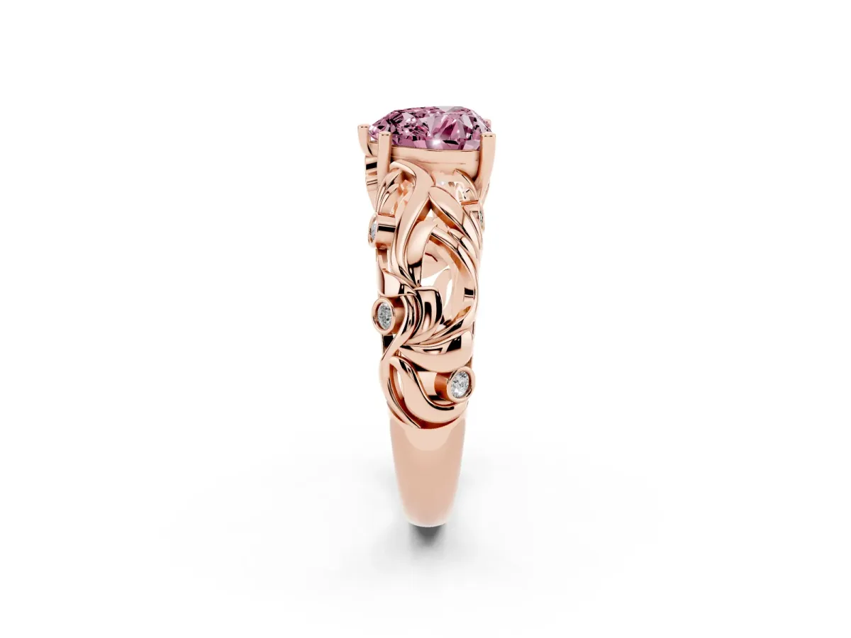Fancy Pink Heart Cut Solitaire Diamond Leaf-Inspired Vine Band Ring with Prong Setting Rose gold