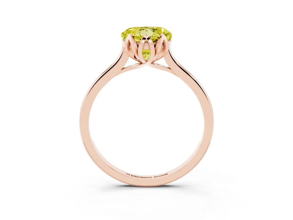 Fancy Yellow Round Cut Diamond Solitaire Ring with Flower Prong Setting and Classic Band Rose gold
