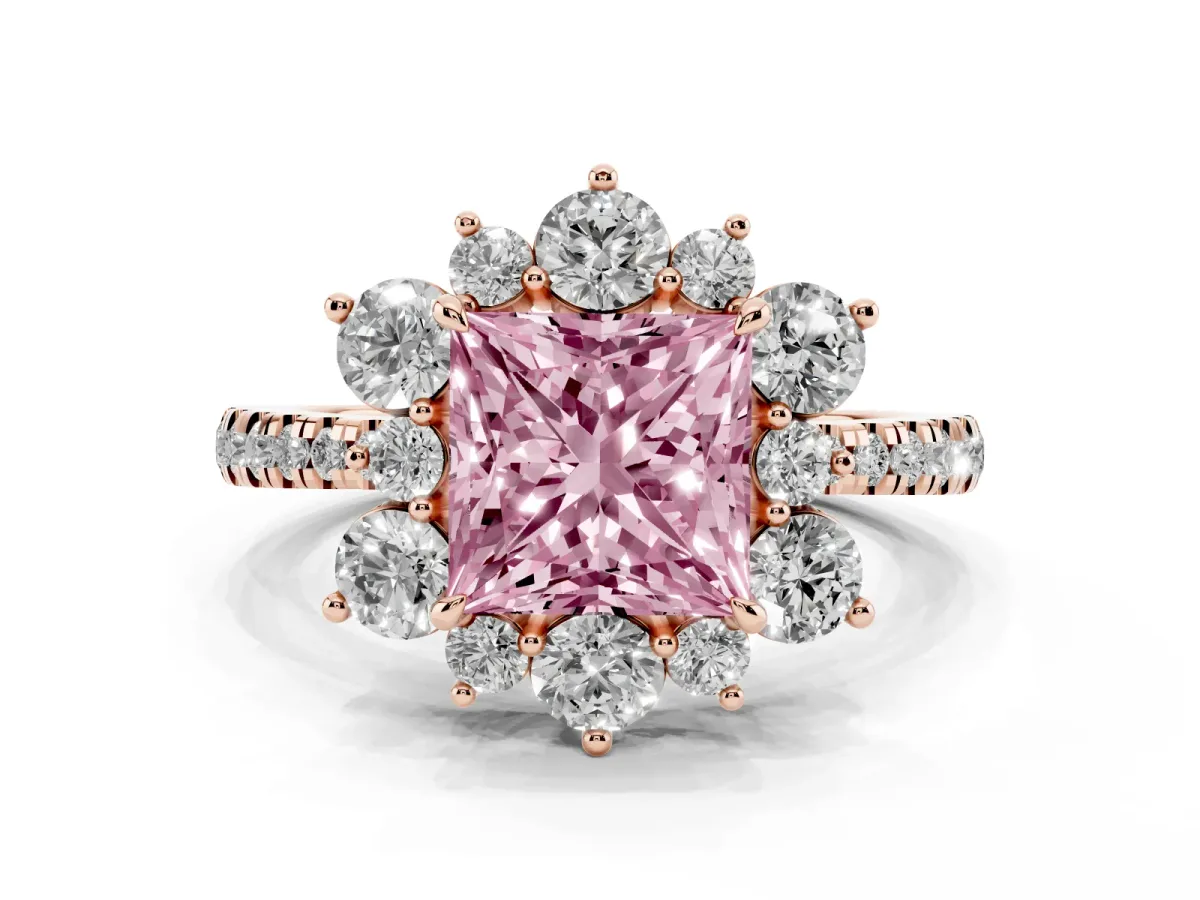 Fancy Pink Princess Cut Diamond Floral Halo Ring with Round Pavé Band and Prong Setting Rose gold