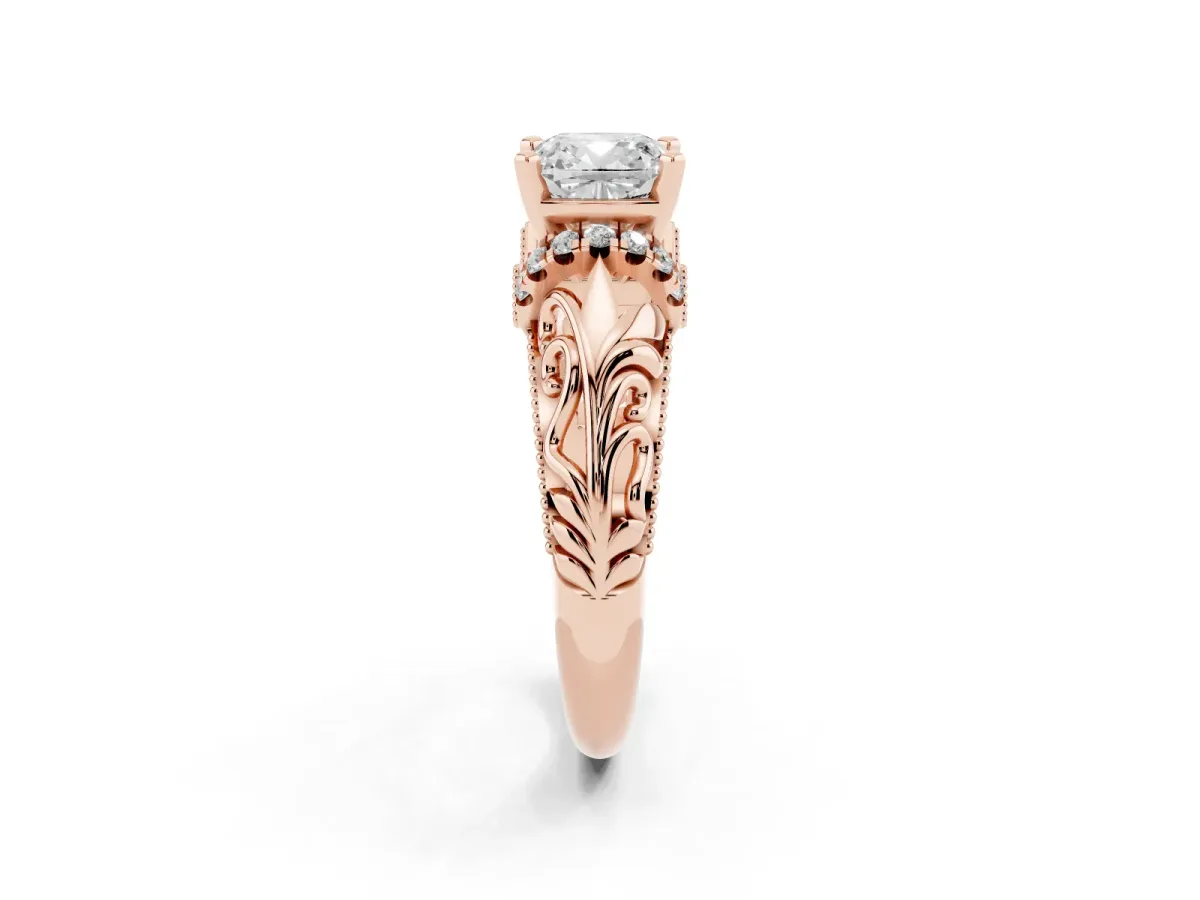 Cushion Cut Solitaire Filigree Engagement Ring with Halo and Prong Setting Rose gold