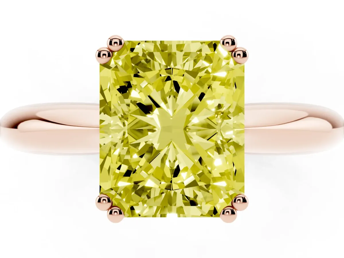 Fancy Yellow Radiant Cut Cut Solitaire Engagement Ring with Tapered Band and Four-Prong Setting Rose gold
