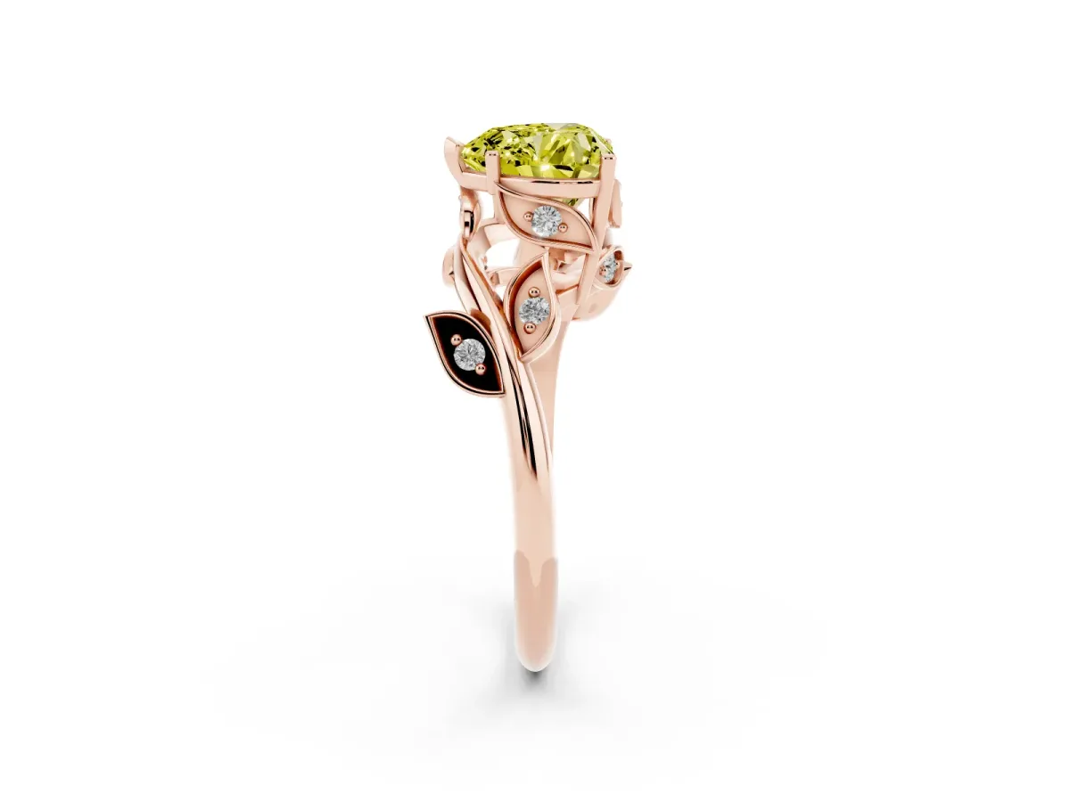 Fancy Yellow Heart Cut Solitaire Twist Engagement Ring with Leaf Accents and Prong Setting Rose gold