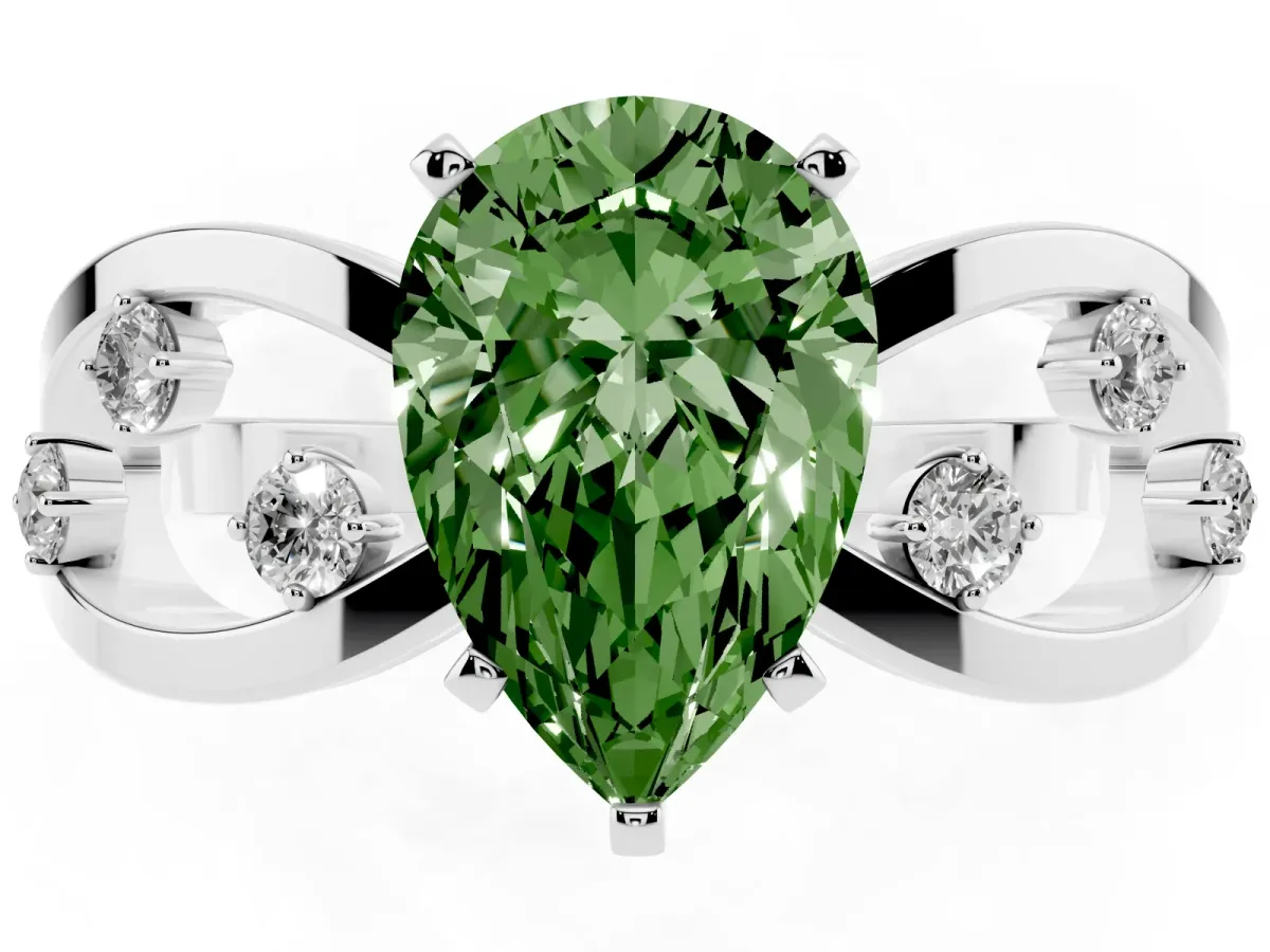 Fancy Green Pear Cut Cut Solitaire Diamond with Side Stones on Criss-Cross Band and Four-Prong Setting Silver