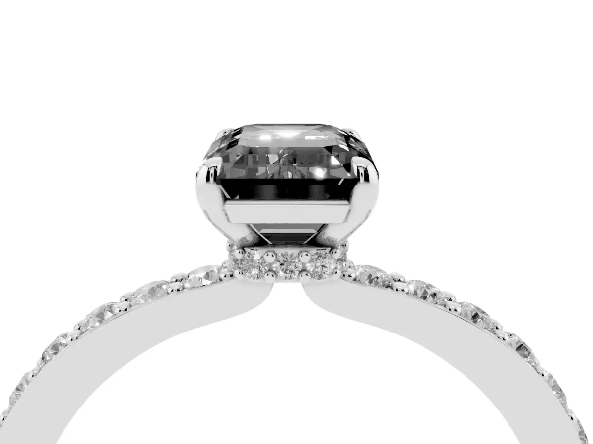 Fancy Black Emerald Cut Diamond Solitaire Engagement Ring with Pavé Band and Four-Prong Setting Platinum