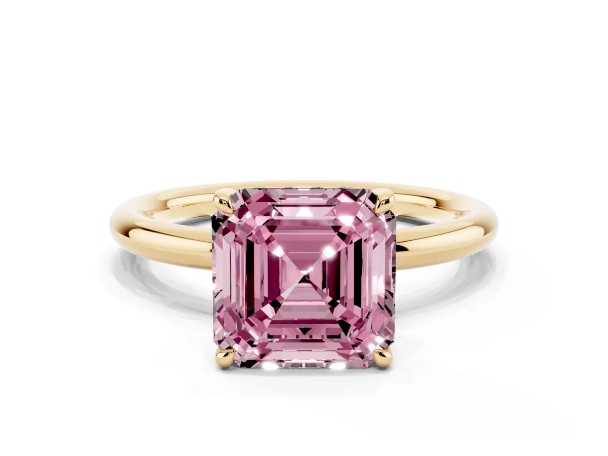 Fancy Pink Asscher Cut Diamond Solitaire Ring with Thin Band and Four-Prong Setting Yellow gold