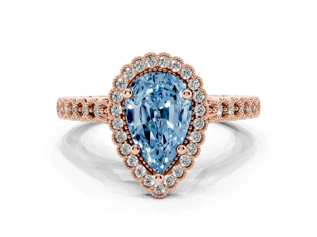 Fancy Blue Pear Cut Cut Halo Pavé Solitaire Ring with Milgrain Band Rose gold