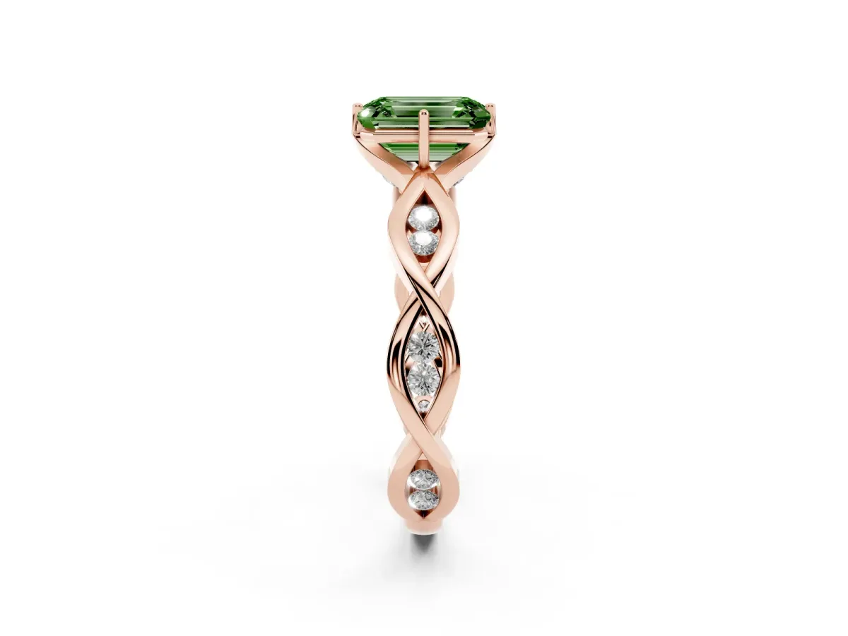 Fancy Green Emerald Cut Solitaire Twist Band with Leaf Prong Setting Rose gold