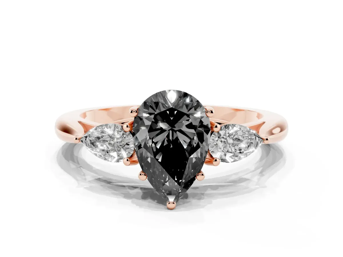 Fancy Black Three-Stone Pear Cut Brilliant Diamond Solitaire Ring with Tapered Band and Four-Prong Setting Rose gold