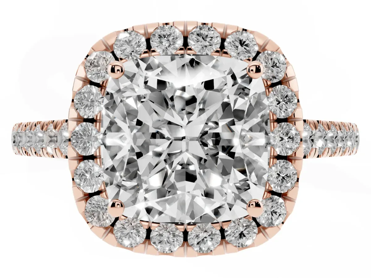 Cushion Cut Halo Pavé Diamond Engagement Ring with Four-Prong Setting Rose gold