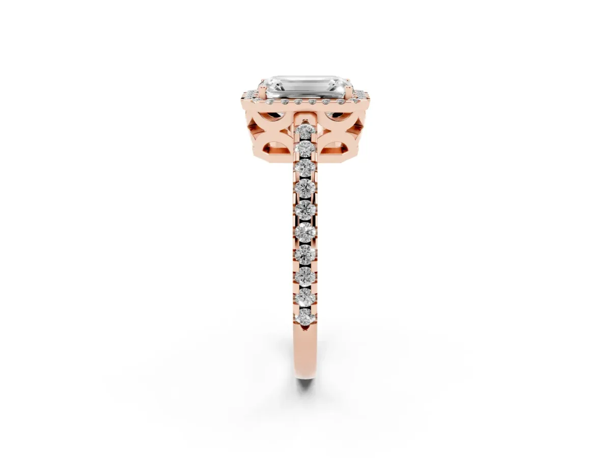 Emerald Cut Diamond Halo Engagement Ring with Pavé Band and Prong Setting Rose gold