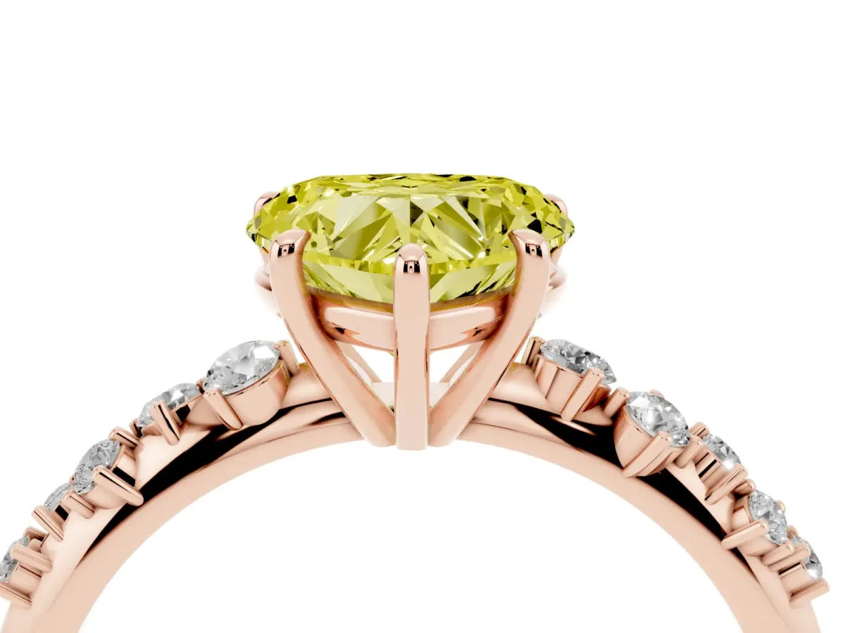 Fancy Yellow Heart Cut Diamond Cluster Side Stone Solitaire Ring with Prong Setting Rose gold