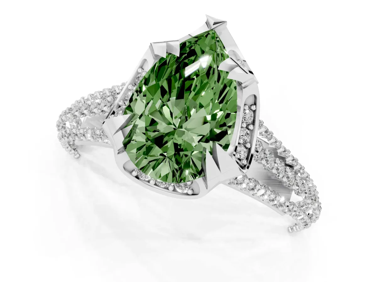 Fancy Green Pear Cut Solitaire Pave Split Shank Ring with Four-Prong Setting Silver