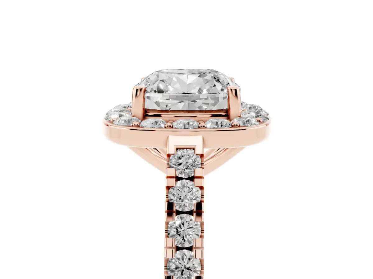Cushion Cut Diamond Halo Ring with Round Pavé Split Shank and Prong Setting Rose gold