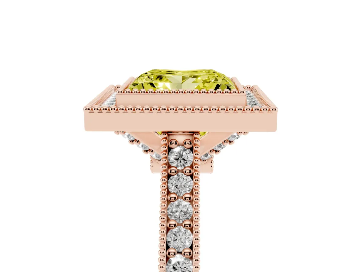 Fancy Yellow Halo Princess Cut-Cut Diamond Pave Band Milgrain Prong Setting Ring Rose gold