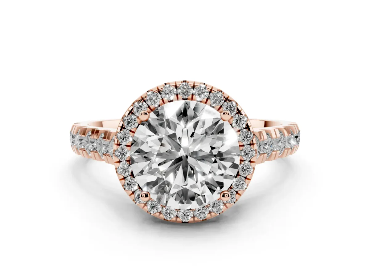 Round Cut Halo Pavé Diamond Engagement Ring with Four-Prong Setting Rose gold