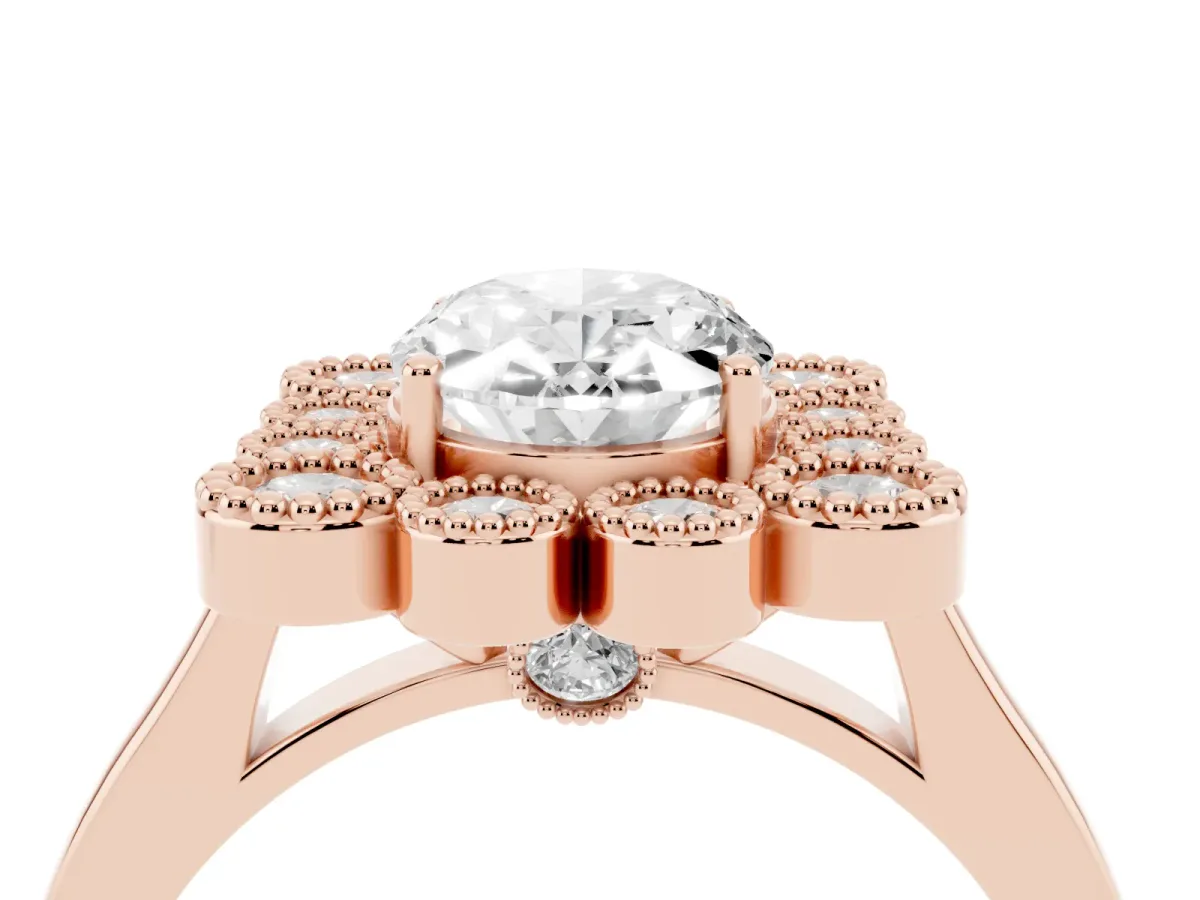 Oval Cut Halo Diamond Cluster Engagement Ring with Milgrain Bezel Setting and Solitaire Band Rose gold