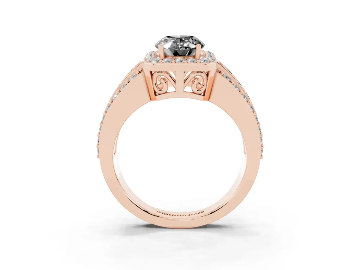 Fancy Black Oval Cut Halo Diamond Ring with Round Split Shank and Prong Setting Rose gold