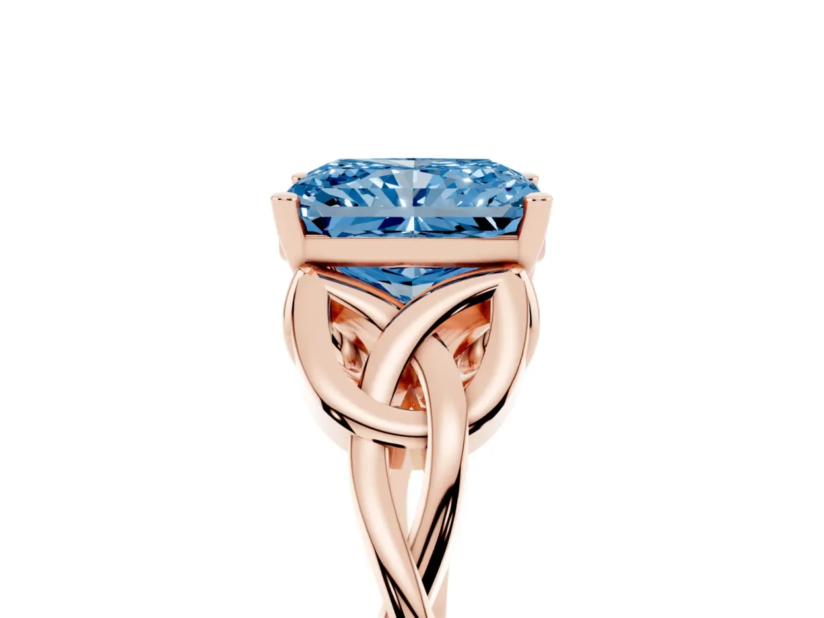 Fancy Blue Radiant Cut Diamond Solitaire Engagement Ring with Celtic Knot Band and Four-Prong Setting Rose gold